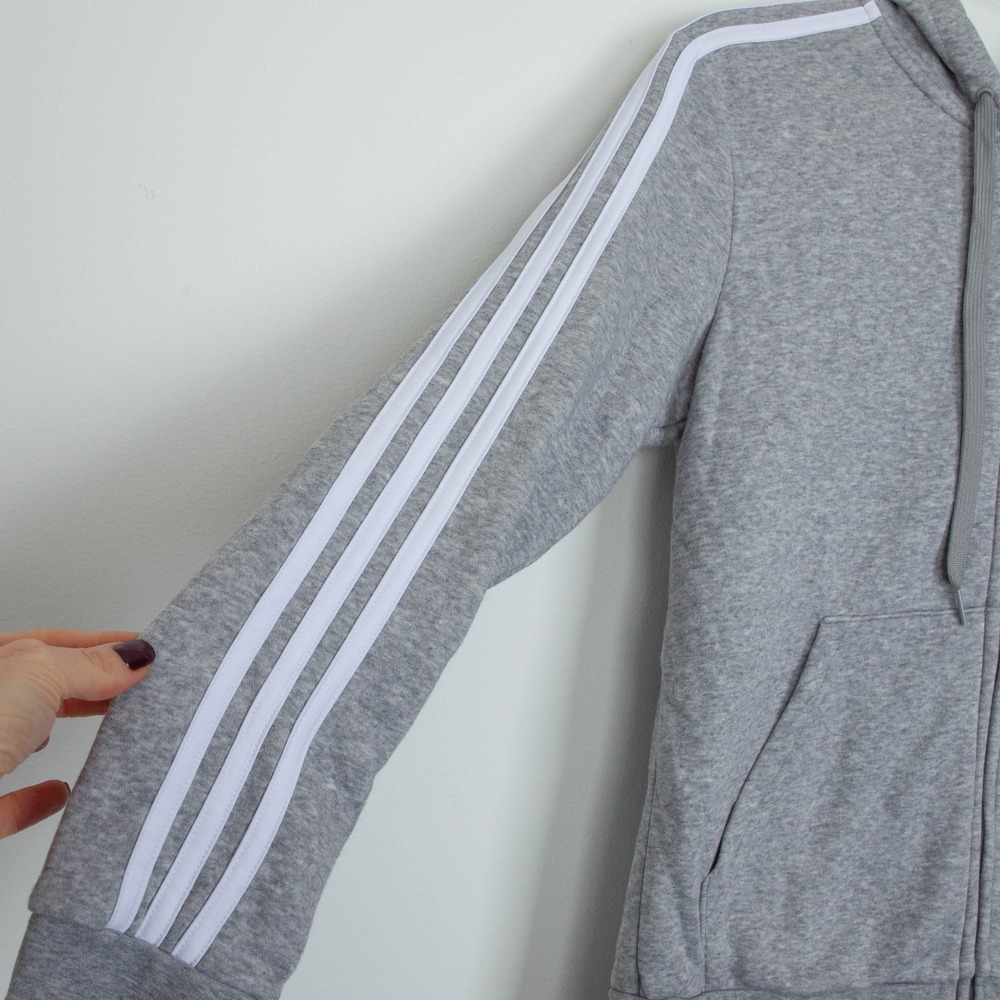 Adidas Womens Grey Full Zip Athletic Hoodie with White Stripes Size M Fleece Gym - Picture 4 of 9
